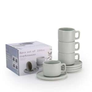 Minimalist Grey Ceramic 8-Piece Tea Cup & Saucer Set (250ml)