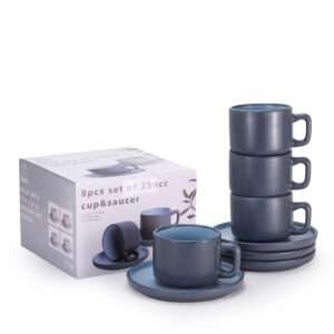 Modern Matte Blue Ceramic 8-Piece Tea Cup & Saucer Set (250ml)